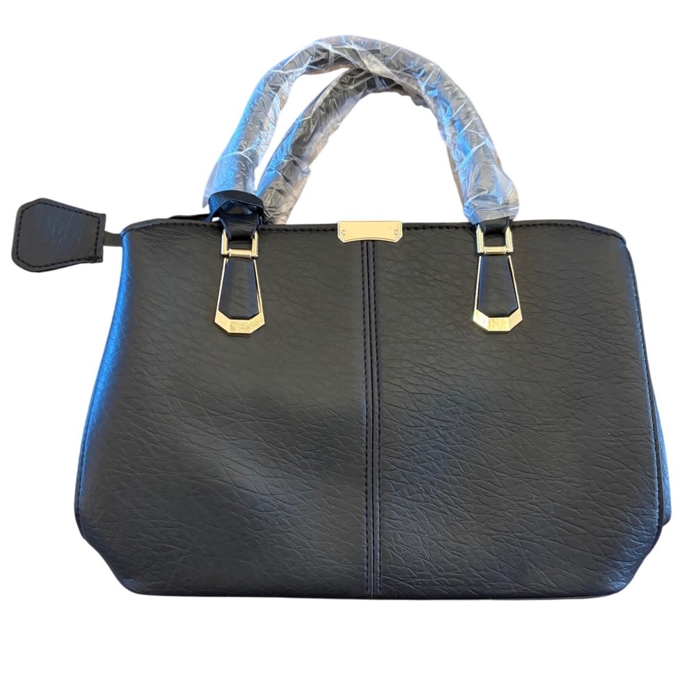 Black Faux Leather Satchel Handbag Gold Tone Hardware Top Handle Crossbody Bag
